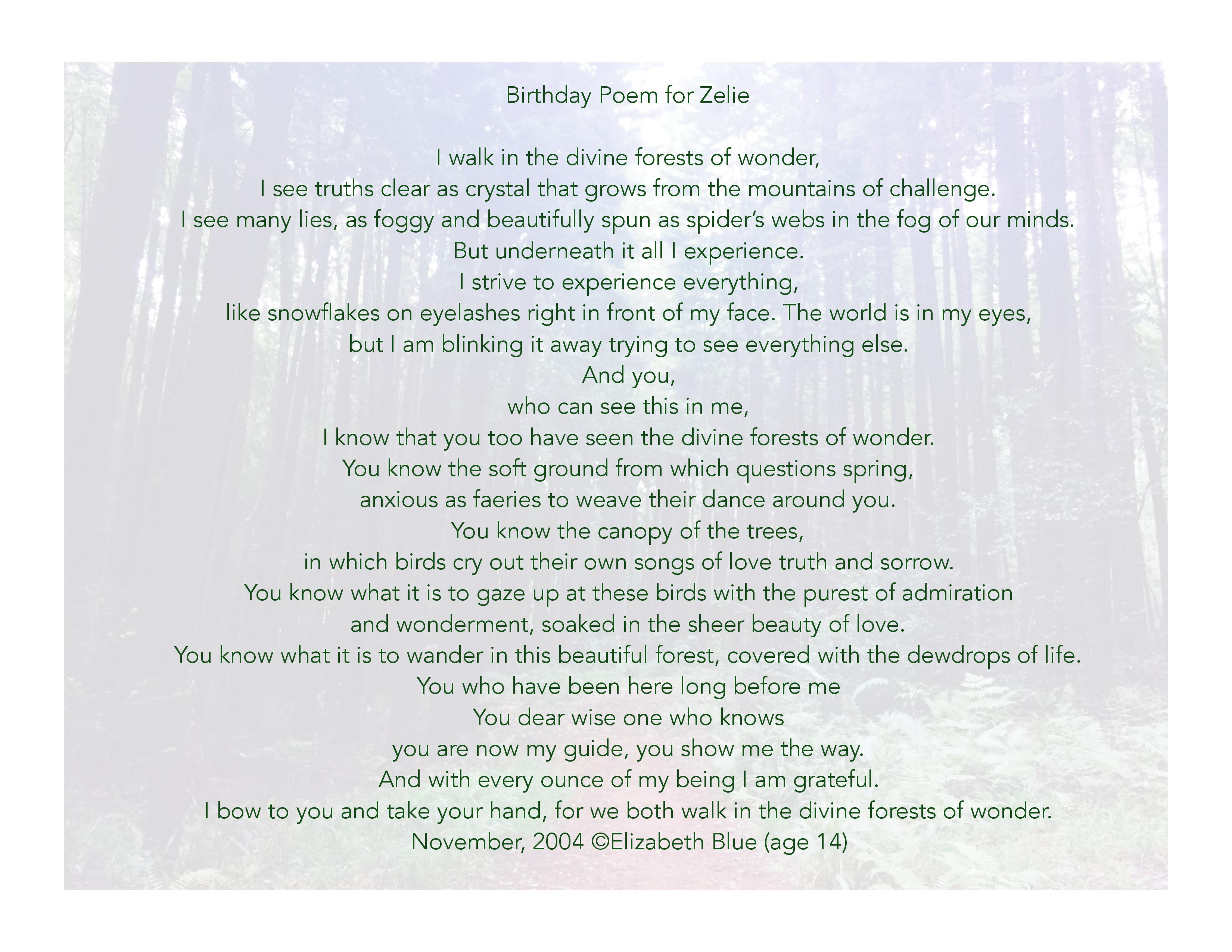 Elizabeth Blue, poetry, birthday poem, Elizabeth Meagher, Zelie Duvauchelle,